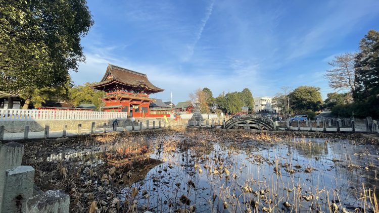 愛知県岡崎市に徳川家ゆかりの神社の伊賀八幡宮の随神門と池